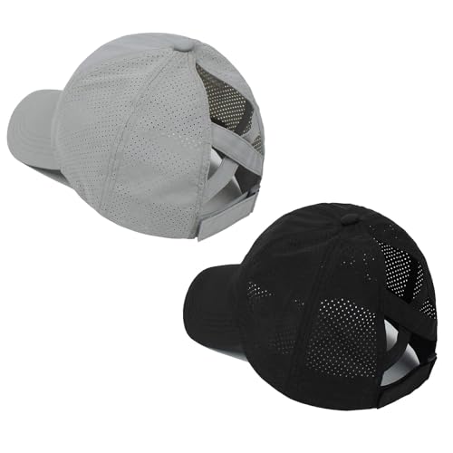 Womens Criss Cross Ponytail Hat Quick Drying Baseball Cap Sun Hats UV Protection Sport Cap - color: Black+grey