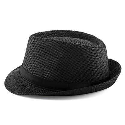 FALETO Unisex Summer Panama Straw Fedora Hat Short Brim Beach Sun Cap Classic - color: #01 Black
