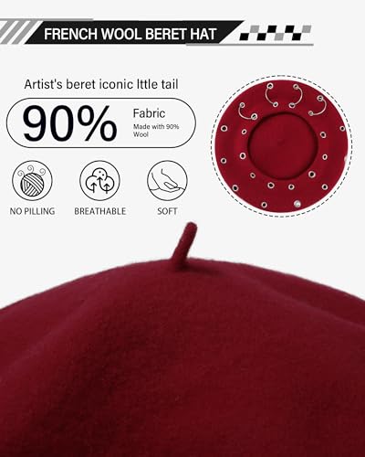AWAYTR Punk Beret Hat for Women - 90% Wool Blend Goth Alt French Cap - color: Wine Red