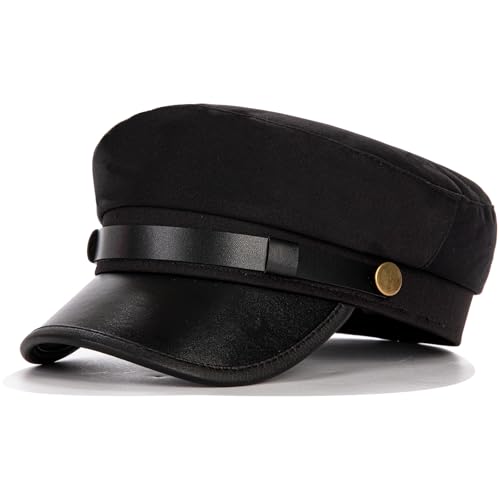 여성용 요트 캡틴 세일러 모자, PU 소재 뉴스보이 모자, 세련된 바이커 모자, 베이커 보이 모자, 피크 베레모 - color: Black a