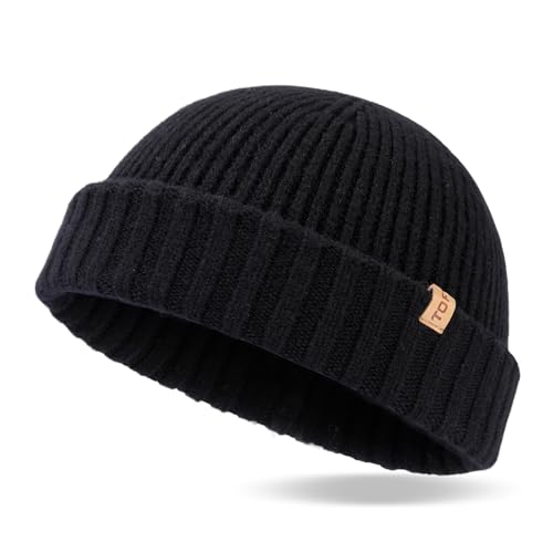 TOP-EX PolarWool™ 100% Merino Wool Short Fisherman Beanie Men Women - color: Black, size: Medium-Large