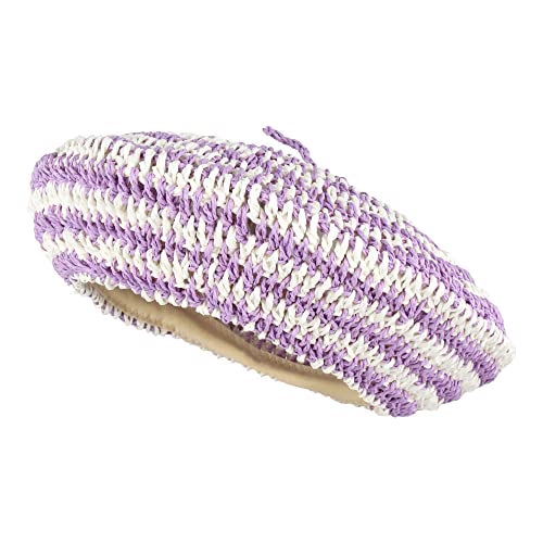 Women Summer Straw Woven Sunhat Classic Beret Artist Painter Sun Hat Cap - color: Stripes Purple