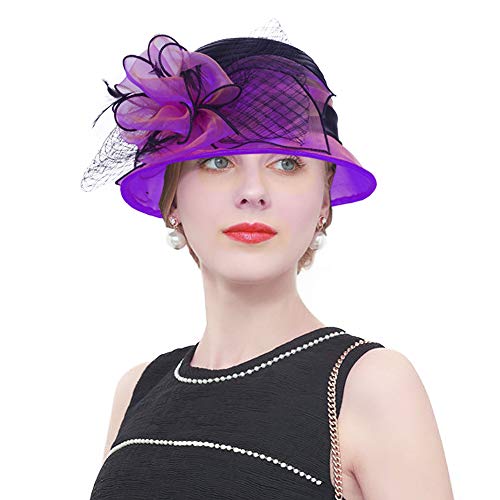 Janey&Rubbins Women's Two-Tone Bowler Cloche Hat for Derby Day, Church, Wedding, Party, Formal Events - color: Purple/Black