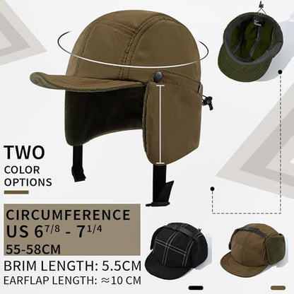 Clakllie Winter Earflaps Hat Short Brim Baseball Cap with Ear Flap Warm Trapper Hat Soft 5 Panel Style Russian Hats - color: Cdus-bswd2403-brown