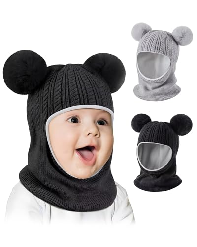 Baby Winter Hat Scarf Set 2 Pack, Toddler Beanie Hats Girl Boy with Neck Warmer, Beanie for Kids Knit Warm for Cold Weather - color: Black&gray, size: 6-36 Months