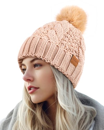Women's Winter Pompom Beanie Warm and Cozy Knit Hat Fleece Lining Skull Cap for Women - color: Beige