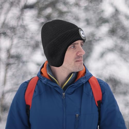 Etsfmoa Hat with Light,Fleece Lined Beanie with Earflaps,Gifts for Men Dad - color: Black