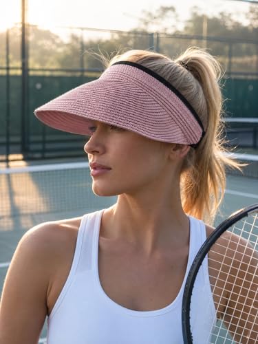 Sun Visor Hat for Women Summer Beach Vacation Essential Ponytail Friendly Travel Foldable Packable UPF 50+ - color: Pink