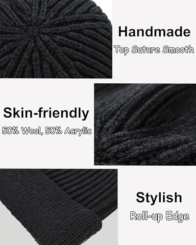 vidsel Thin Wool Fisherman Beanie for Men Short Knit Cuff Trawler Watch Hat - color: 1pcs-black