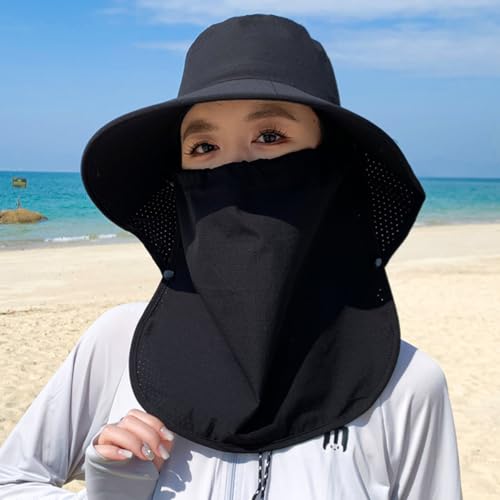 UPF 50+ 3-in-1 Sun Hat for Women, Wide Brim UV Protection Visor Hat with Detachable Neck Flap & Face Cover - color: Black