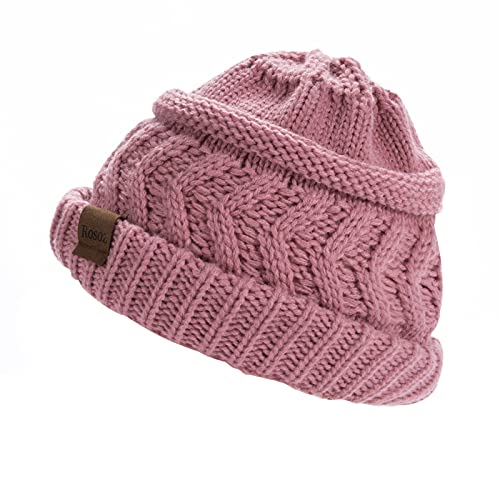 Rosoz 2 Pack Ponytail Beanie for Women,Winter Warm Beanie Tail Soft Stretch Cable Knit Messy High Bun Hat - color: 2pack-grey/Skin Pink