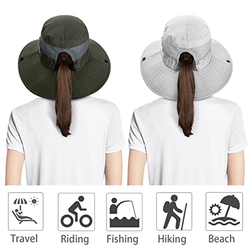 IYEBRAO 2 Pack Womens Ponytail Sun Hat UV Protection Bucket Hats Foldable Wide Brim Summer Boonie Beach Cap Fishing Hiking… - color: Pure Beige & Army Green