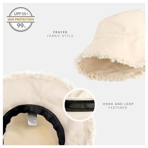 CHOK.LIDS Frayed Bucket Hat Washed Cotton Floppy Wide Brim Boonie Cap - color: Cream