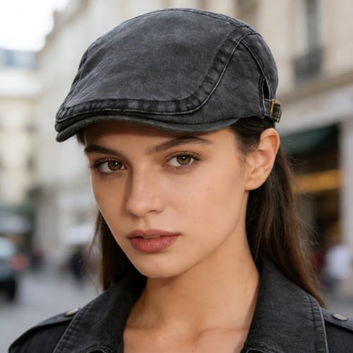 Denim Newsboy Cap for Unisex Adjustable Cotton - color: Black