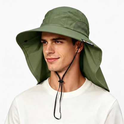 Tirrinia Wide Brim Sun Hat with Neck Flap for Men & Women - color: Forest Green