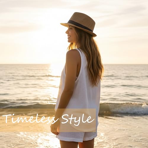 Classic Short Brim Fedora Summer Beach Trilby Hat - color: Black Band-khaki