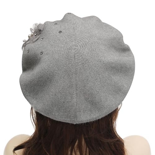 ZLYC Women French Beret Hat Reversible Solid Color Mosaic Warm Artist Cap - color: Bead Flower Gray