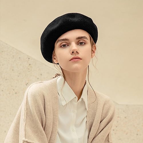 Women Beret Classic French Hat - Elegent Black Wool Beret for Party Romantic French Themed Fancy Dress(Size:S/M) - color: Black