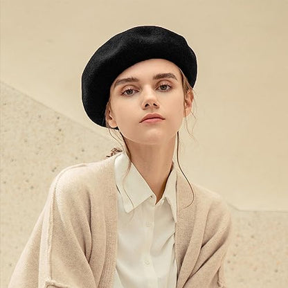 Women Beret Classic French Hat - Elegent Black Wool Beret for Party Romantic French Themed Fancy Dress(Size:S/M) - color: Black