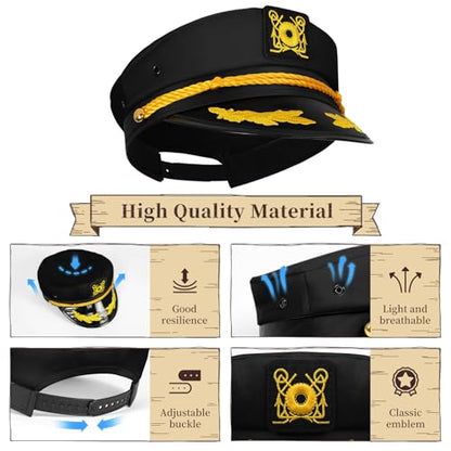 dodowin Captain Sailor Hat Set for Women Men, Yacht Rock Party Costume 4pcs - style: Black Captain Hat Set
