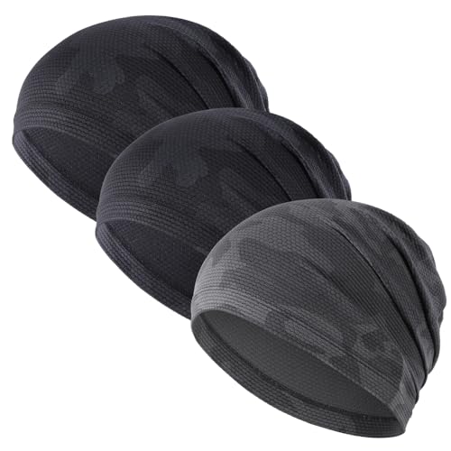 3 Pack Breathable Cooling Skull Cap Sweat Wicking Beanie for Cycling Running Helmet Liner Cap Under Hard Hat - color: Camo Black+camo Black+camo Gray