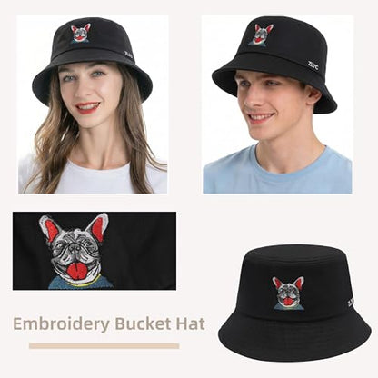 ZLYC Cotton Bucket Hat for Women Men Embroidered Packable Summer Sun Cap - color: Bulldog Black