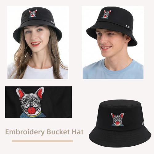 ZLYC Cotton Bucket Hat for Women Men Embroidered Packable Summer Sun Cap - color: Bulldog Black