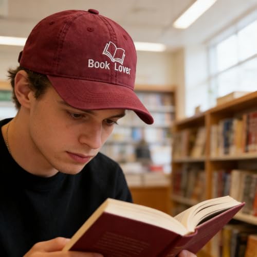 Embroidered Book Lover Baseball Cap for Men Women, Funny Washed Cotton Classic Dad Hat, Reading Lover Gift Idea - color: Book Lover, Wine Red