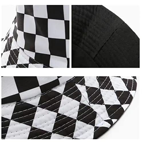 Cotton Checkered Bucket Hat Summer Fashion Fisherman Beach Sun Hats for Women and Men - color: Black
