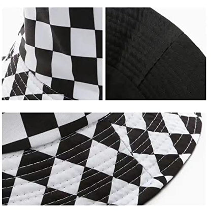 Cotton Checkered Bucket Hat Summer Fashion Fisherman Beach Sun Hats for Women and Men - color: Black