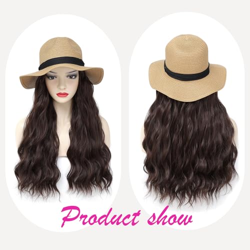 Hat Wig Panama Hat with Brown Long Wave Hair Attached for Women Khaki Color Wide Brim Straw Beach Sun Hat Wig - color: K-Brown