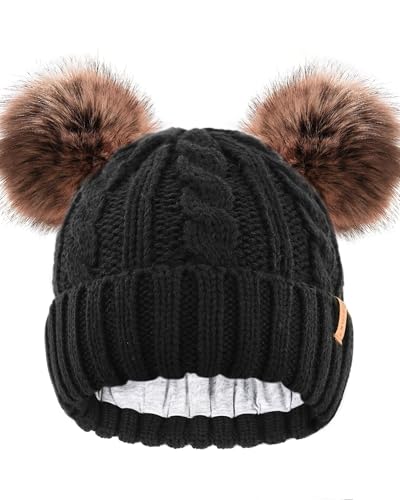 FURTALK Toddler Winter Hat Knit Beanie Double Faux Fur Pompoms Girls Boys - color: Black, size: 2-6 Years