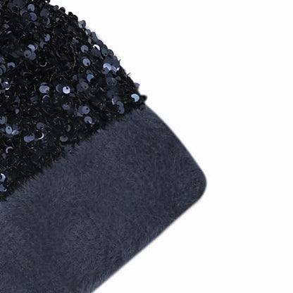 Women Sparkly Sequins Knitted Beanie Hat Warm Winter Skull Cap with Faux Fur Pom Pom - color: Dark Blue