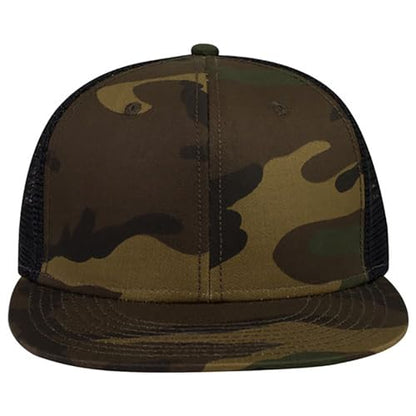 Ashen Fane 6 Panel Mid Profile Mesh Back Structured Trucker Adjustable Snapback Hat - color: Camo Dk.grn/Brn/Blk