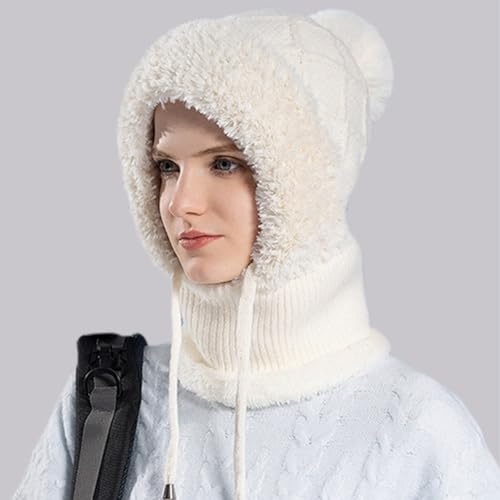 Women’s Knitted Beanie Hat with Face Cover - 3 in 1 Winter Balaclava with Mask Scarf Ear Muffs Pompom Fleece Lined Snow Caps - color: White-b
