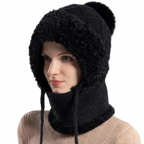 HUAMULAN Women Cable Knit Balaclavas Winter Fleece Lined Beanie Hat - color: Black With String