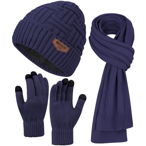 Winter Scarf for Men, 3 PCS Fleece Beanie Hat and Gloves Set - color: E-dark Blue Hat Scarf Gloves Set