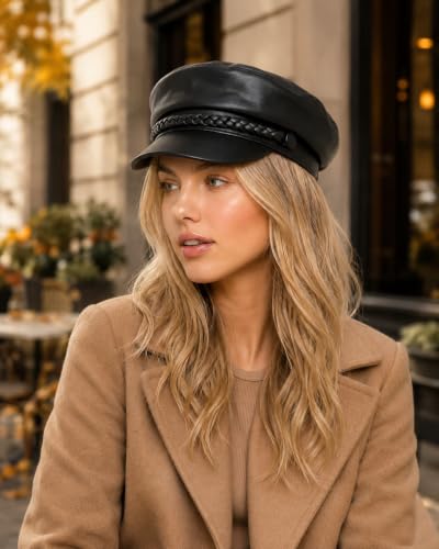 C.C Cotton Fisherman Cap for Women – Classic Fiddler Hat, Lightweight Breathable Cotton, Trendy Greek Fisherman Style - color: Faux Leather-brown