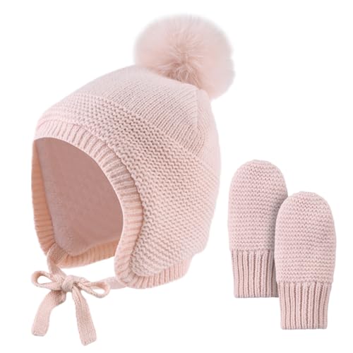 JANGANNSA Basic Winter Baby Beanie Gloves Boy Girl Knitted Kids Hat Mitten - color: Pink Hat+gloves No Thumb, size: 0-6 Months