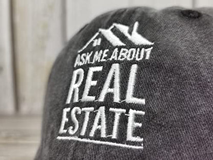 Embroidered Baseball Caps for Men and Women - color: Ask Me About Real Estate (Washed Black)
