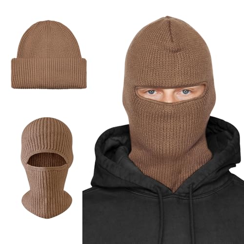 BROKIG 2 in 1 Balaclava Ski Mask Beanie Black Winter Knit Ski Face Mask - color: Beige