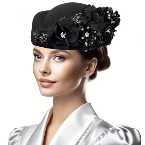 Womens Vintage Felt Church Fedora Hat Ladies Floral Derby Fascinator Wedding Tea Party Beret Cap Winter Pillbox Kentucky Hat - color: Black