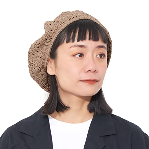 CHARM Womens Mens French Beret Hat - Hand Knit 100% Cotton Crochet Caps Girl Scouts-Bohemian Style Summer Beanie - color: Beige