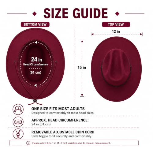 COLLECT PRESENT Plain Felt Cowboy & Cowgirl Hat for Men and Women | Western Studded Cowboy Hat in Adult Sizes - color: Red Wine