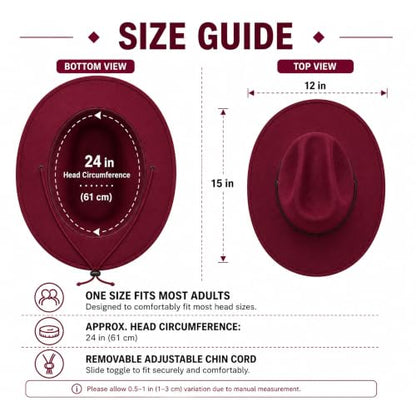 COLLECT PRESENT Plain Felt Cowboy & Cowgirl Hat for Men and Women | Western Studded Cowboy Hat in Adult Sizes - color: Red Wine
