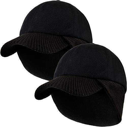 LCZTN Wool Winter Baseball Cap with Warmer Earflap for Men ＆ Women Outdoor Ski Visor Beanie Hat - color: Black ＆ Black