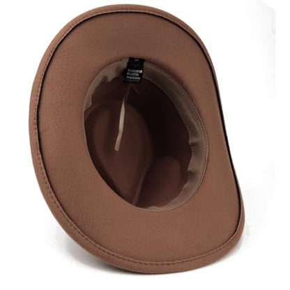 DRESHOW Women Men Classic Felt Wide Brim Western Cowboy & Cowgirl Cap Belt Buckle Retro Panama Hat Unisex Rolled up Caps - color: 1 Pack: Coffee (Hat Circumference: 22-22.8")