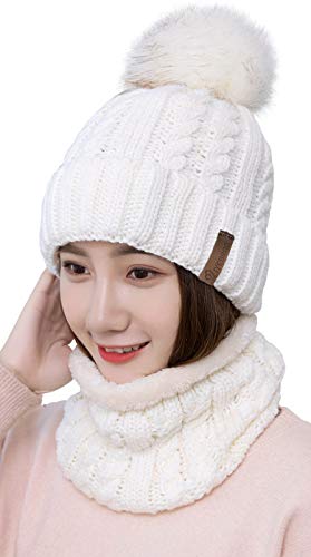 IYEBRAO Womens Winter Knit Beanie Hat and Scarf Set Girls Cute Slouchy Thick Fleece Lined Ski Hat Warm Skull Cap with Pom - color: A4-white