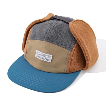 Retro Patchwork Polar Fleece Trapper Hat with Visor, Warm Winter Earflap Cap Flat Brim 5 Panel Baseball Ushanka Hats - color: Mg-lfm25128-camel