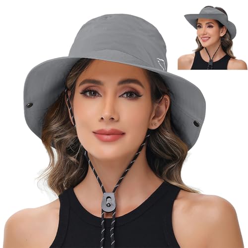 Sun Hats for Women Bucket Hat UV Protection Fishing Hat Wide Brim Safari Hats 2 in 1 Zip-Off Sun Visor Hats UPF 50+ - color: 1pack-light Grey